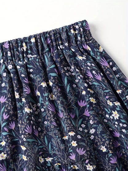 Effortless Blue Floral Maxi Skirt for Women with High Waist Tiered Ruffle Flowing Bohemian Style
