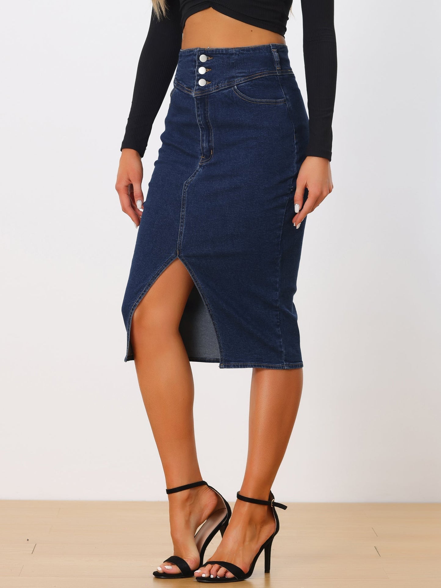 Effortless Jean Skirt for Women with High Waist Front Slit Midi Pencil Style