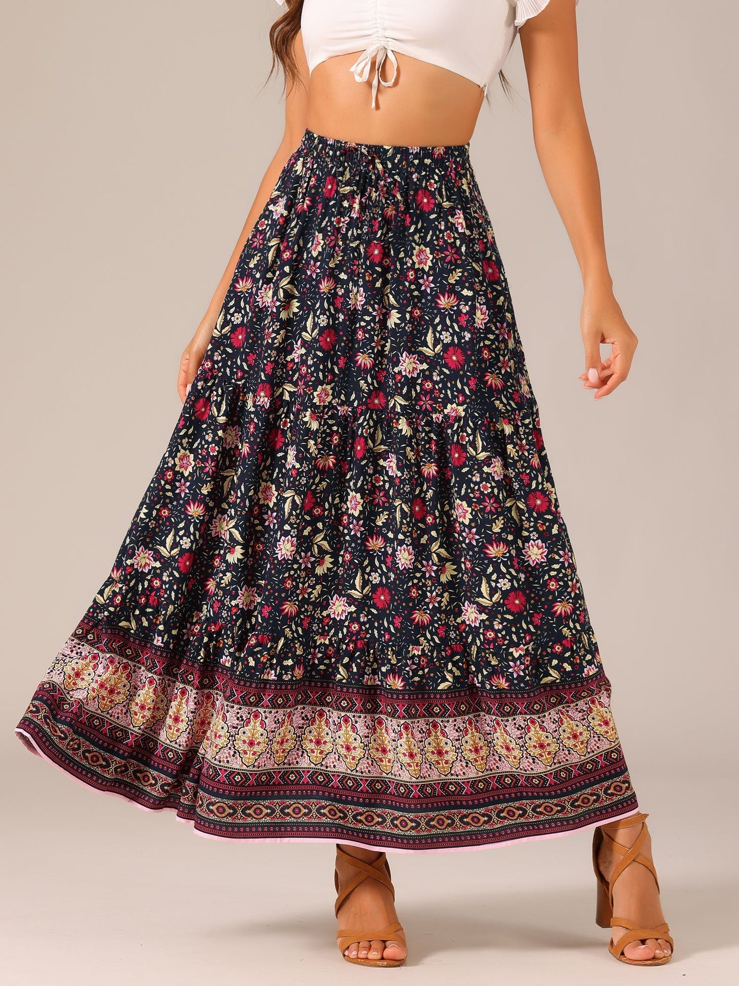 Effortless Printed Maxi Skirt for Women with High Waist Side Slit Flowing