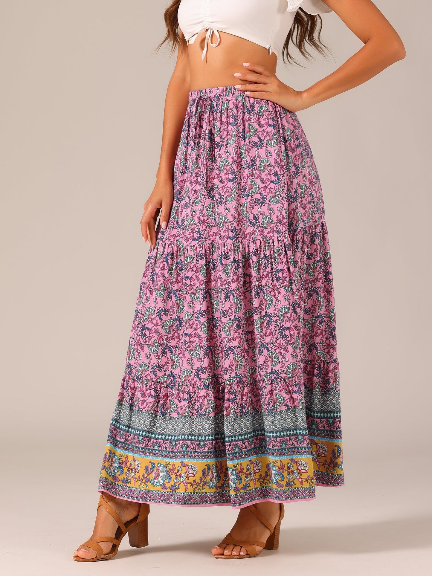 Effortless Printed Maxi Skirt for Women with High Waist Side Slit Flowing