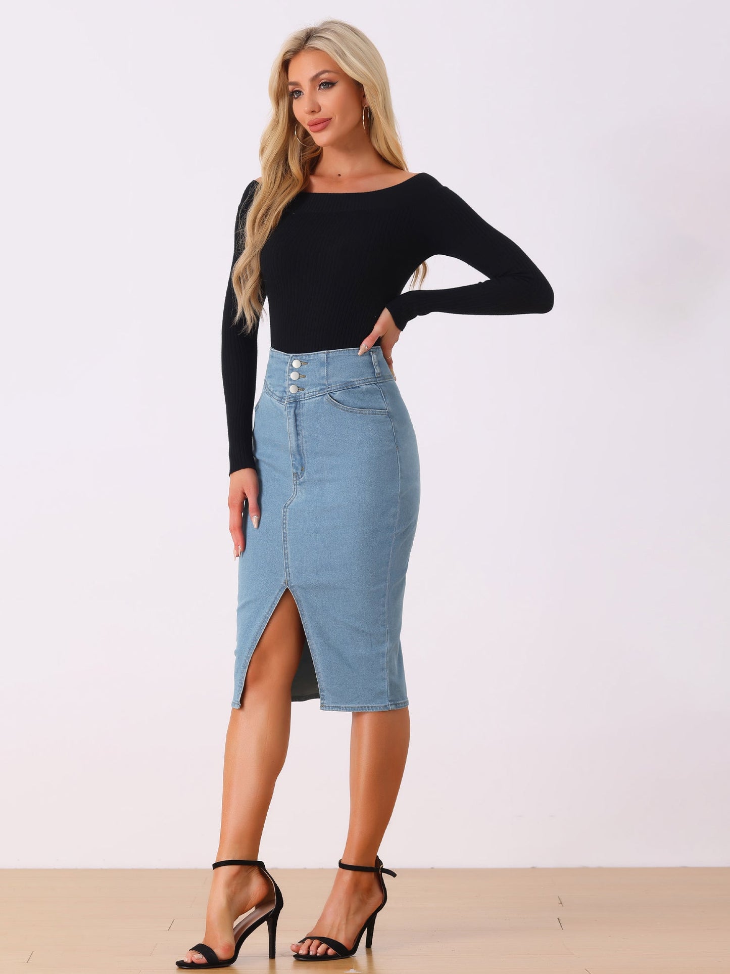 Effortless Jean Skirt for Women with High Waist Front Slit Midi Pencil Style