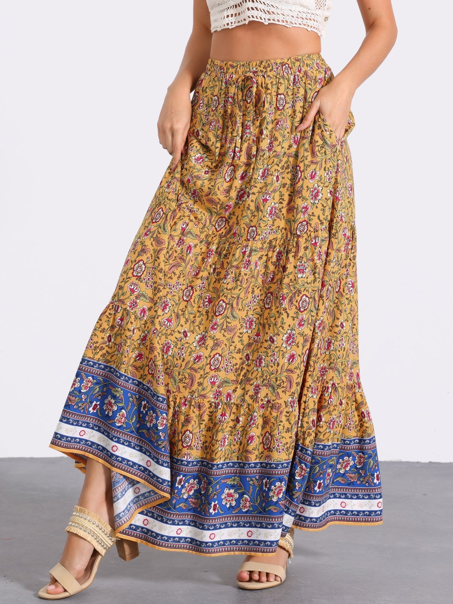 Effortless Printed Maxi Skirt for Women with High Waist Side Slit Flowing