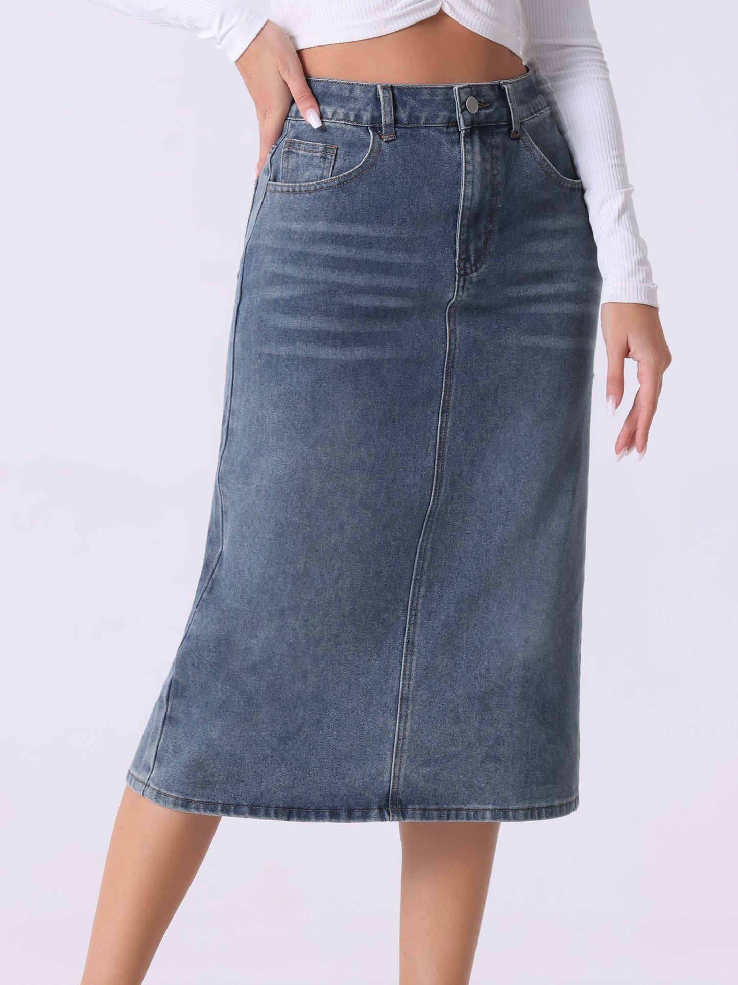 Effortless Denim Skirt for Women with High Waist Midi Straight Slit Casual Jean Style