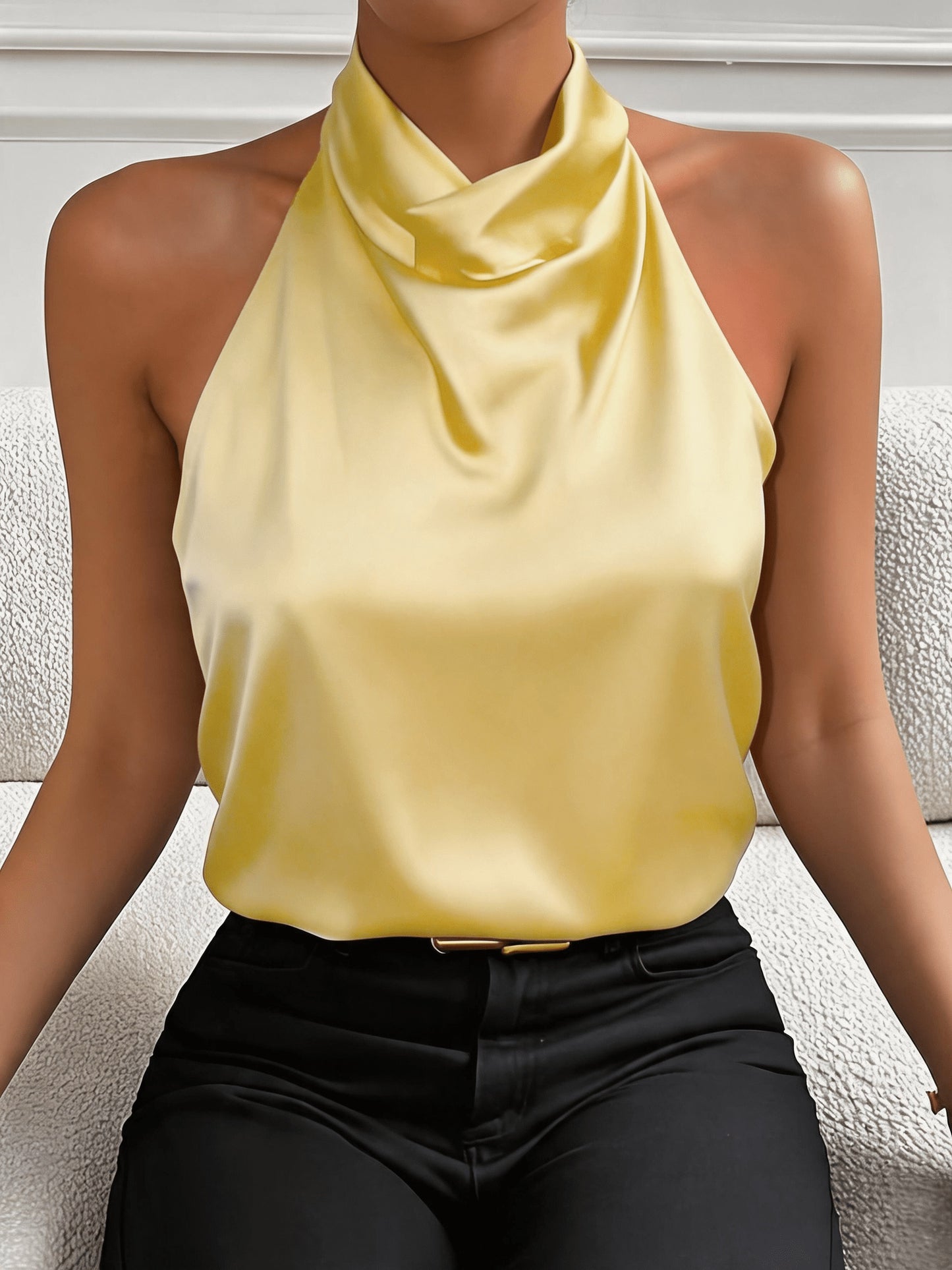 Elegant White Satin Blouse for Women with Cowl Neck Halter Draped Silky Style