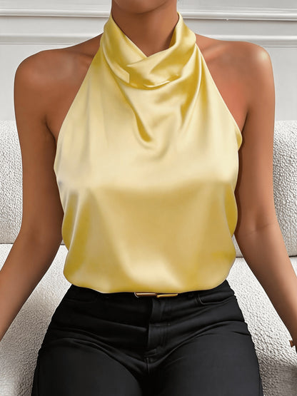 Elegant White Satin Blouse for Women with Cowl Neck Halter Draped Silky Style