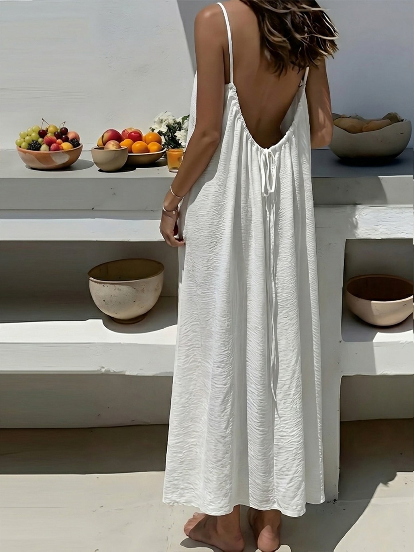 Effortless Crinkled Maxi Dress for Women with Scoop Back Spaghetti Strap Drawstring Flowing Bohemian Style
