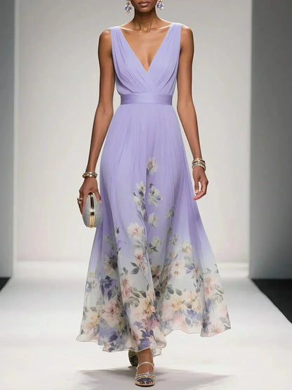 Effortless Floral Chiffon Maxi Dress for Women with Deep V Neck Sleeveless Flowing Formal Wedding Guest Style