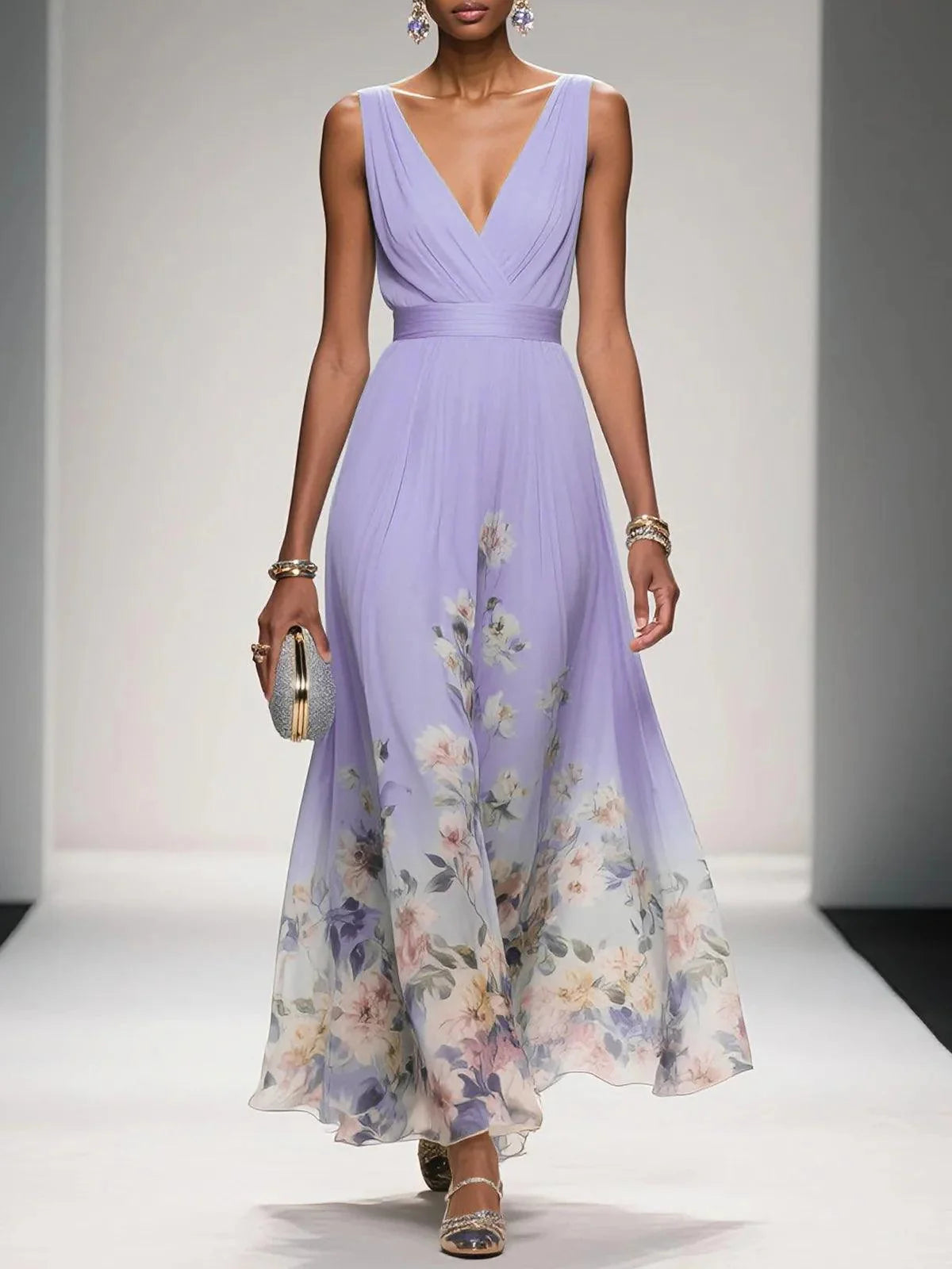 Effortless Floral Chiffon Maxi Dress for Women with V Neck Sleeveless Pleated Flowing Wedding Guest Style