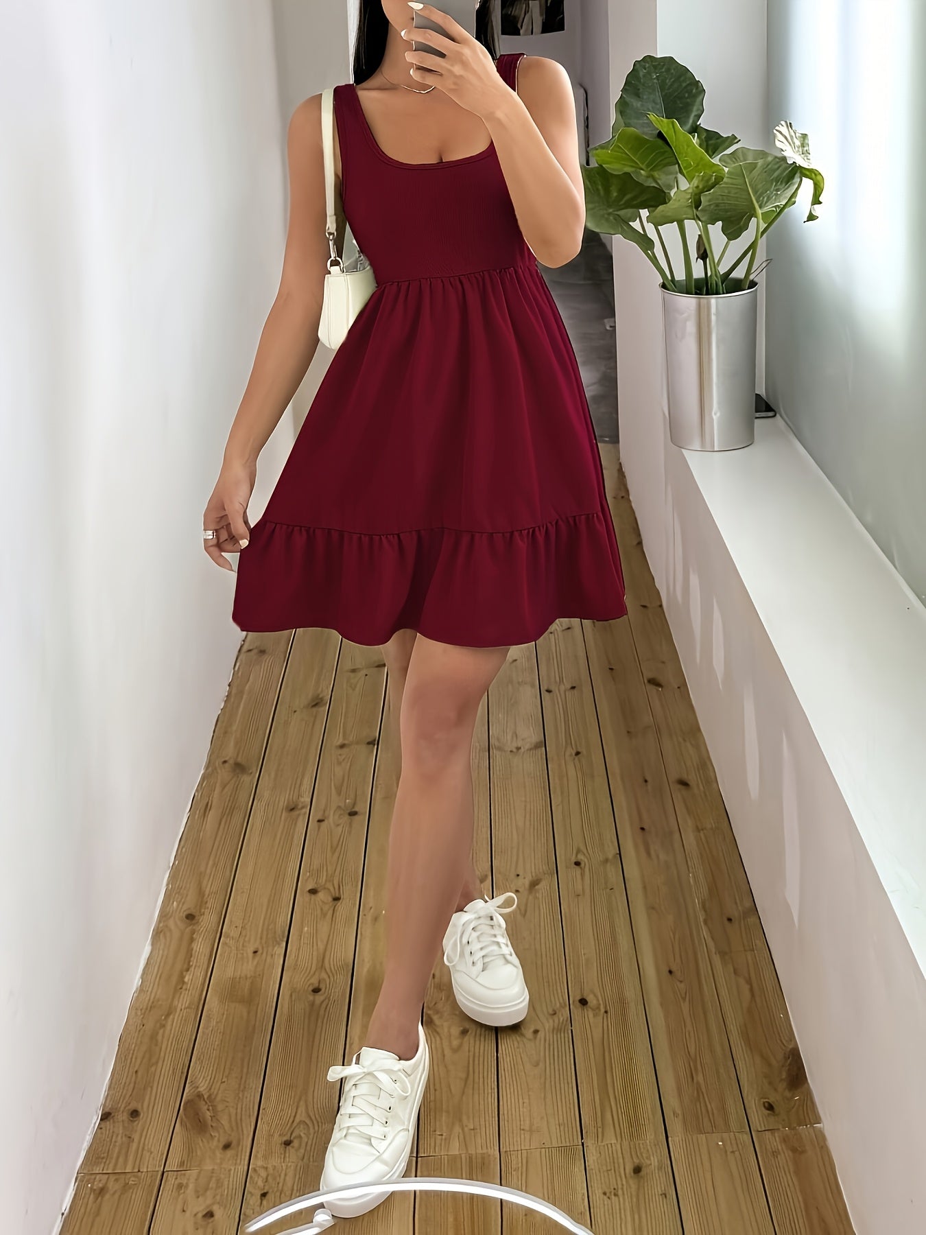 Effortless Ribbed Tiered Mini Dress for Women with Square Neck Sleeveless Smocked Waist Flowy Casual Style