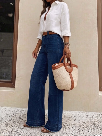 Effortless Relaxed Dark Blue Wide Leg Jeans for Women with High Waist Belted Style