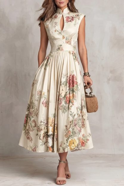 Elegant Floral Midi Dress for Women with High Keyhole Neck Sleeveless Pleated Flowing Formal Wedding Guest Style