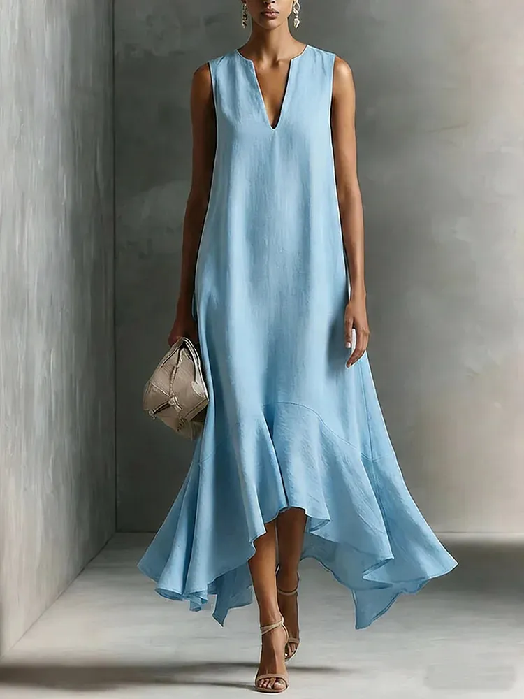 Effortless Satin Maxi Dress for Women with Deep V Neck Sleeveless High Low Flowing Formal Wedding Guest Style
