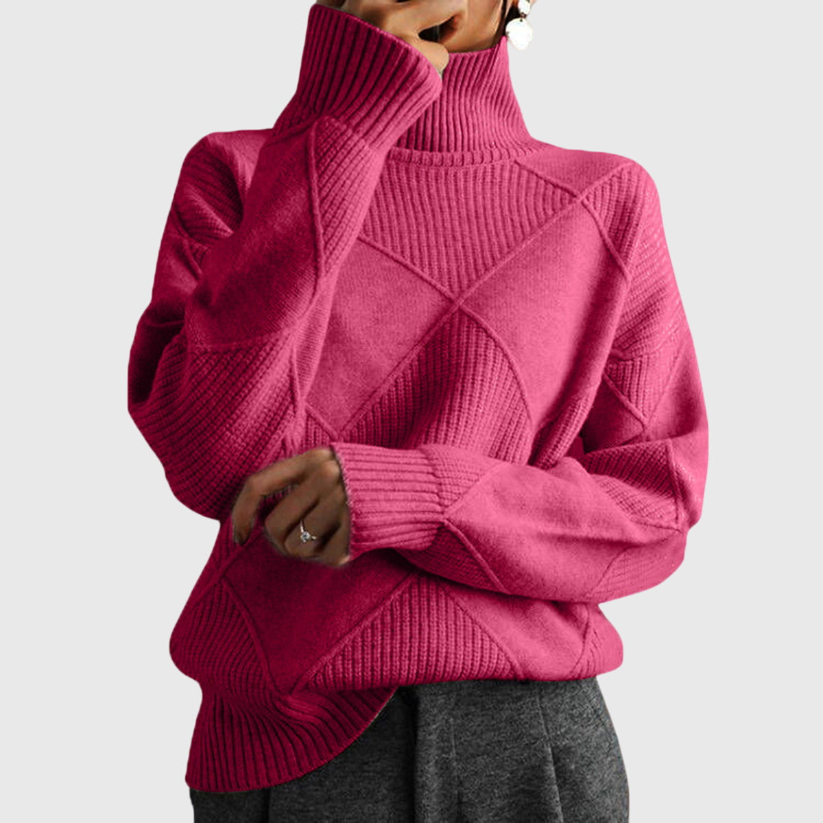 Comfortable Diamond Pattern Sweater for Women with Turtleneck Long Sleeve Relaxed Oversized Knit Style