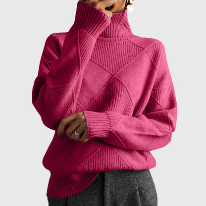 Comfortable Diamond Pattern Sweater for Women with Turtleneck Long Sleeve Relaxed Oversized Knit Style