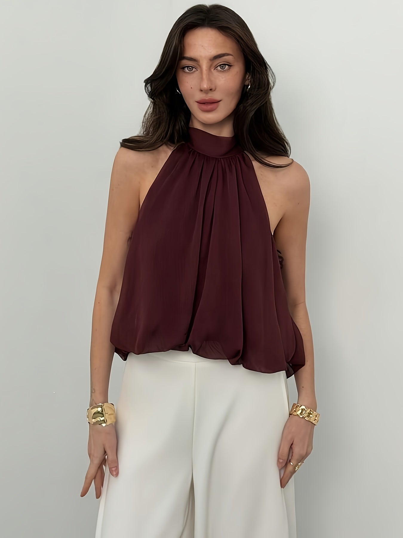 Elegant Burgundy Chiffon Blouse for Women with High Neck Sleeveless Tie Back Flowing Style