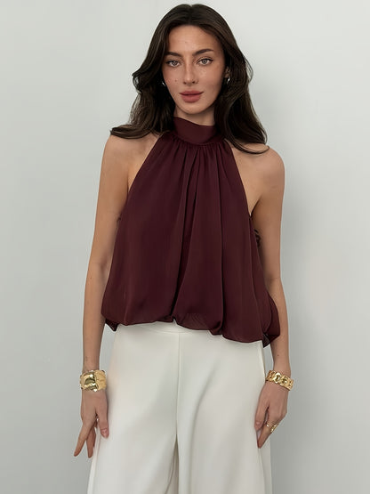 Elegant Burgundy Chiffon Blouse for Women with High Neck Sleeveless Tie Back Flowing Style