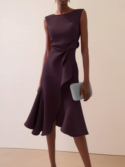 Elegant Draped Midi Dress for Women with Round Neck Sleeveless Asymmetrical Ruffle Flowing Style