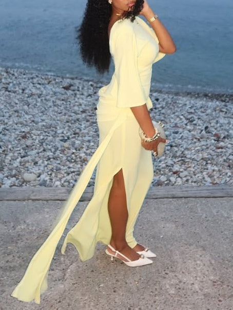 Elegant Yellow Maxi Dress for Women with High Neck Batwing Sleeve Backless Ruched Side Slit Formal Party Style