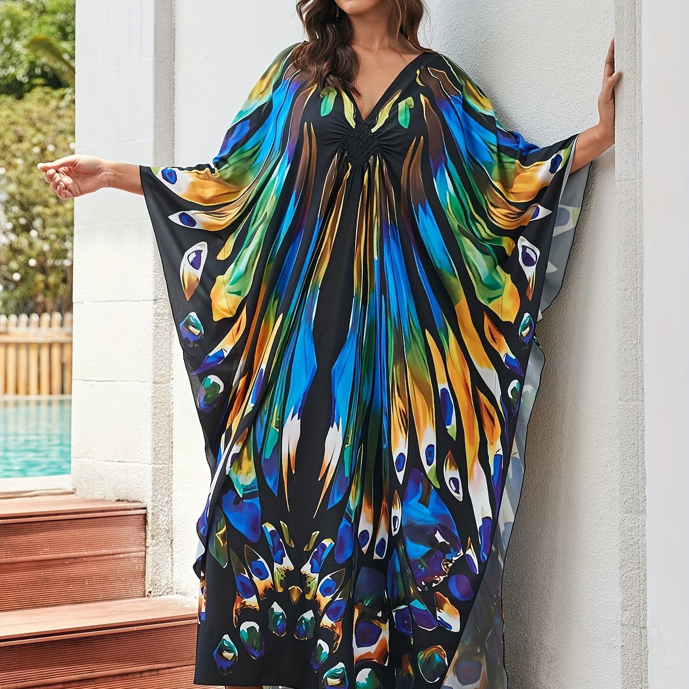 Elegant Multicolor Print Kaftan Maxi Dress for Women with V Neck Batwing Sleeve Flowing Style