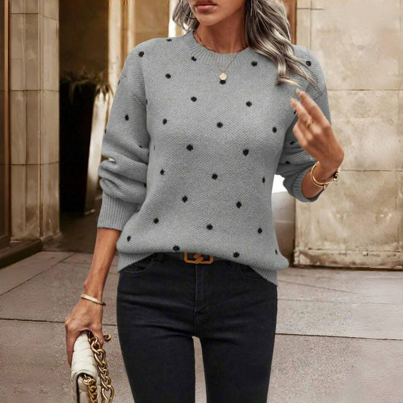 Comfortable Polka Dot Sweater for Women with Crew Neck Long Sleeve Relaxed Oversized Knit Style