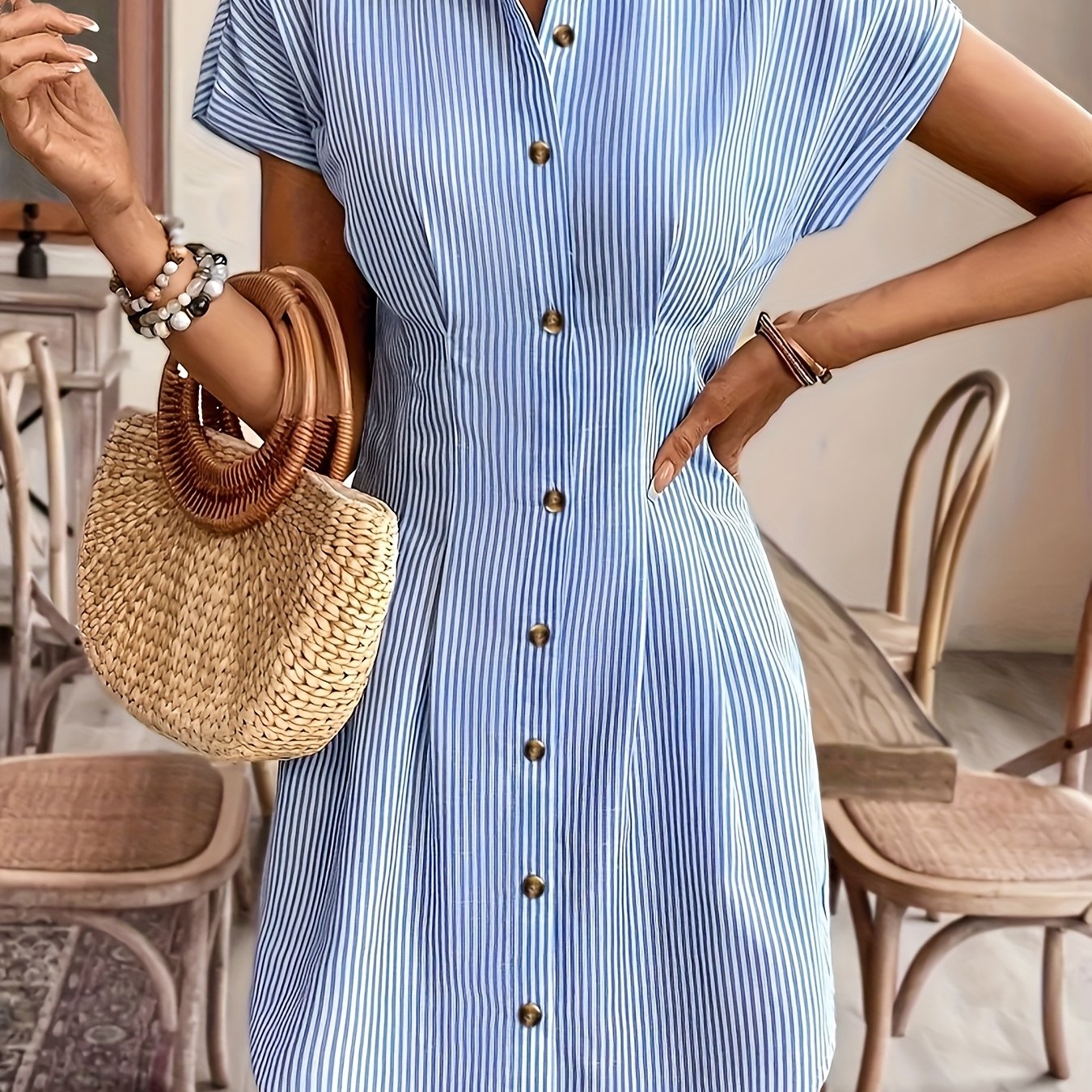 Elegant Striped Short-Sleeve A-Line Shirt Dress for Women, High-Waist Button-Up Casual Summer Office Dress in Light Pastel, Comfortable Polyester Fabric, French-Style, Solid Color, Women's Shirt Dress, Casual Shirt Dress, High-Waist, Office Dress