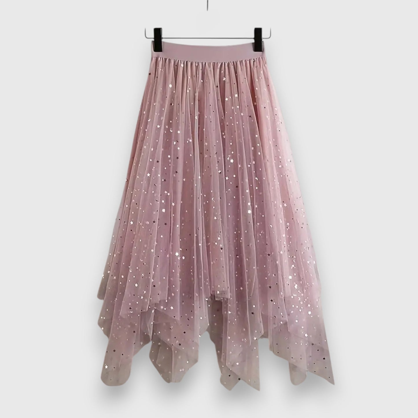 Elegant Midi Skirt for Women with Elastic High Waist Sparkle Tulle Asymmetric Handkerchief Hem Casual Style