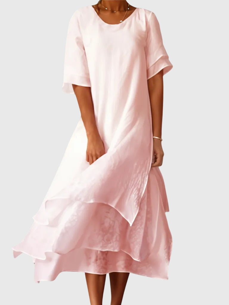 Elegant Chiffon Midi Dress for Women with Round Neck Short Sleeve Tiered Ruffle Formal Wedding Guest Style