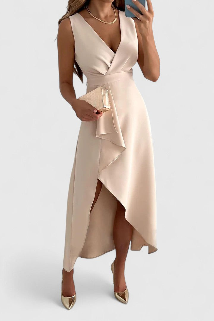 Elegant Champagne Satin Maxi Dress for Women with V Neck Wrap Bodice High Low Hem Formal Wedding Guest Style