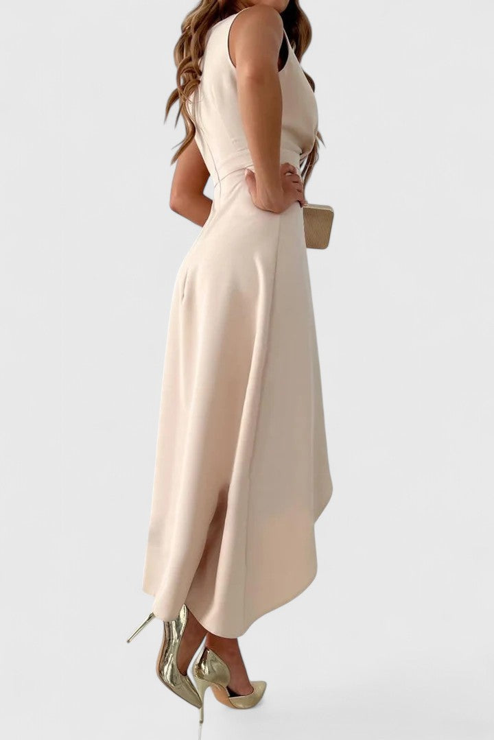 Elegant Champagne Satin Maxi Dress for Women with V Neck Wrap Bodice High Low Hem Formal Wedding Guest Style