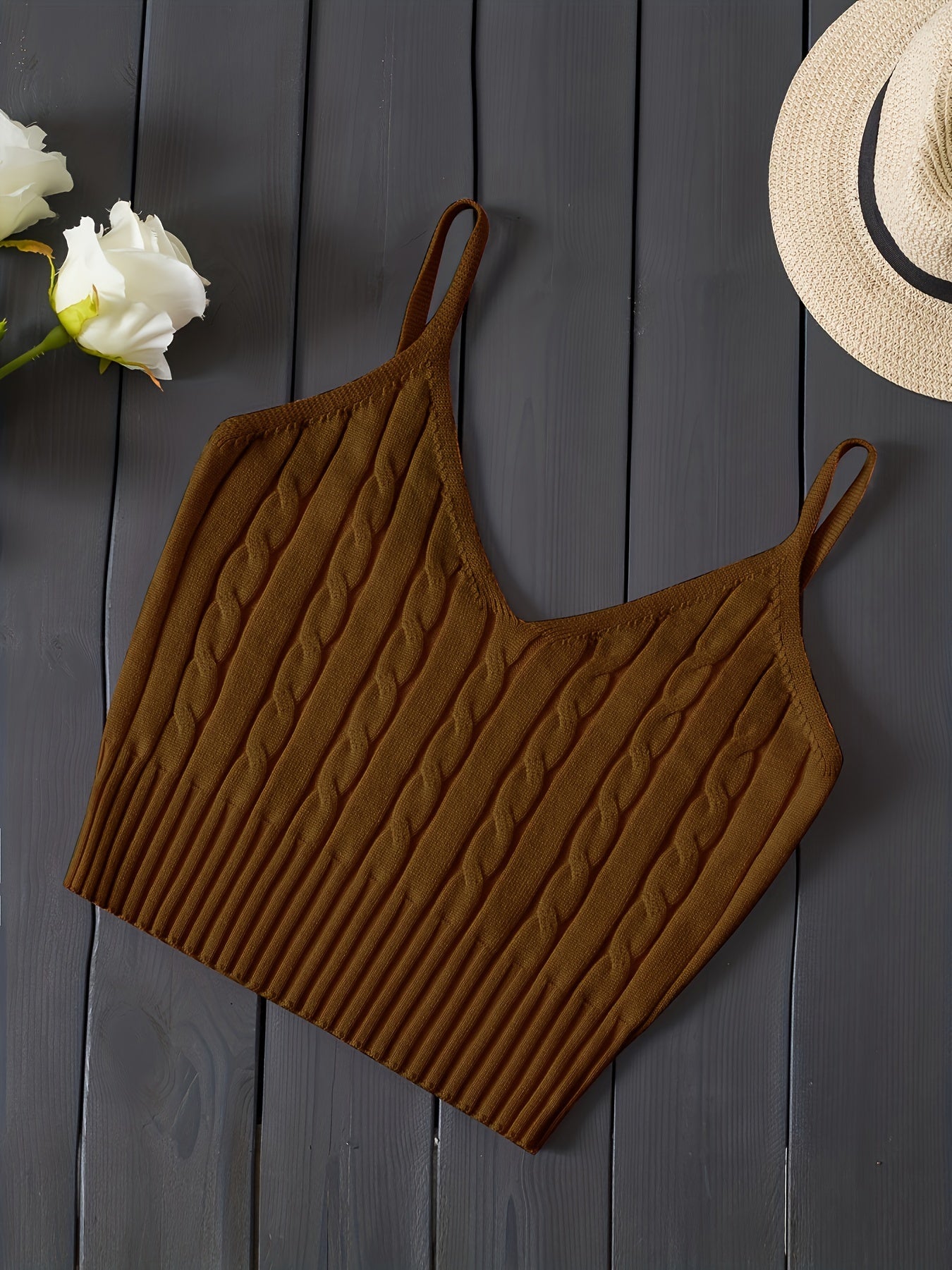 Comfortable Cable Knit Tank Top for Women with V Neck Sleeveless Ribbed Cropped Style