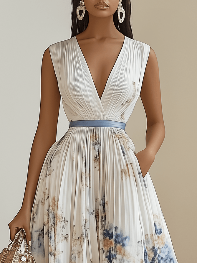 Effortless White Tie Dye Midi Dress for Women with V Neck Sleeveless Pleated Belted Flowing Style