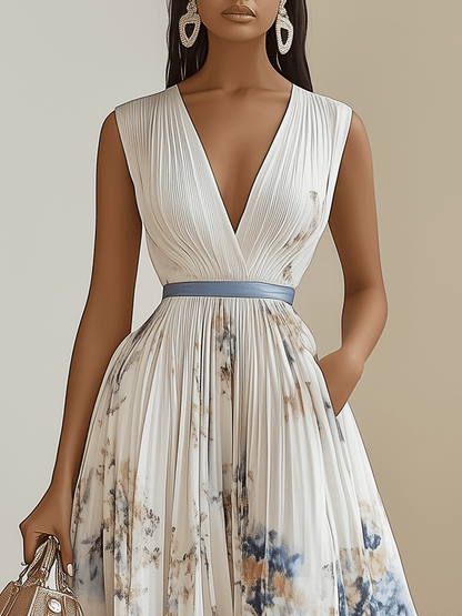Effortless White Tie Dye Midi Dress for Women with V Neck Sleeveless Pleated Belted Flowing Style