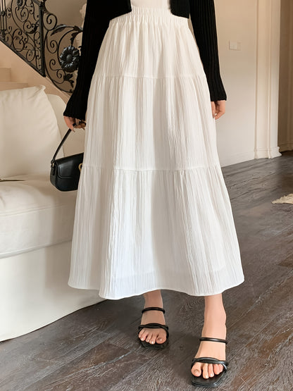 Elegant White Tiered Maxi Skirt for Women with High Waist Elastic Flowing A Line Style