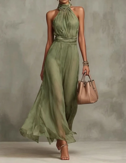 Elegant Halter Maxi Dress for Women with Pleated Chiffon Flowing Skirt Formal Wedding Guest Style