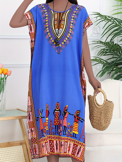 Effortless Dashiki Print Kaftan Dress for Women with V Neck Short Sleeve Relaxed Bohemian Style