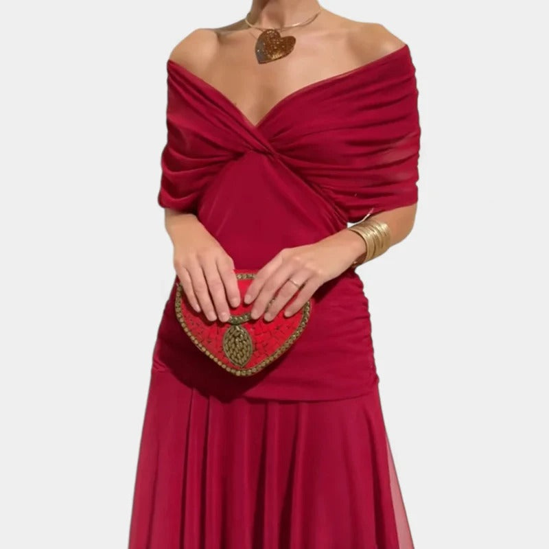 Elegant Off Shoulder Maxi Dress for Women with Draped Bodice Ruched Waist Formal Wedding Guest Style