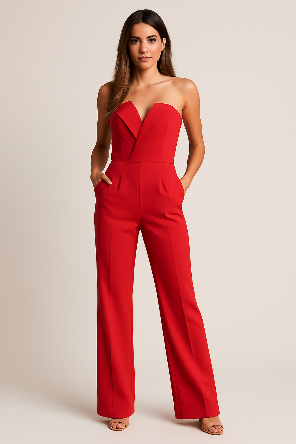 Elegant Wide Leg Jumpsuit for Women with Sweetheart Strapless Fitted Bodice Formal Style