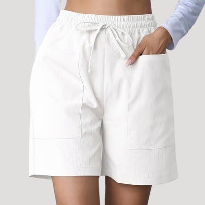 Effortless Textured Bermuda Shorts for Women with High Waist Drawstring Relaxed Pocket Casual Style