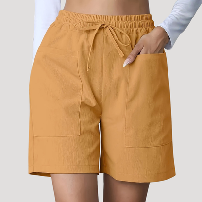 Effortless Textured Bermuda Shorts for Women with High Waist Drawstring Relaxed Pocket Casual Style