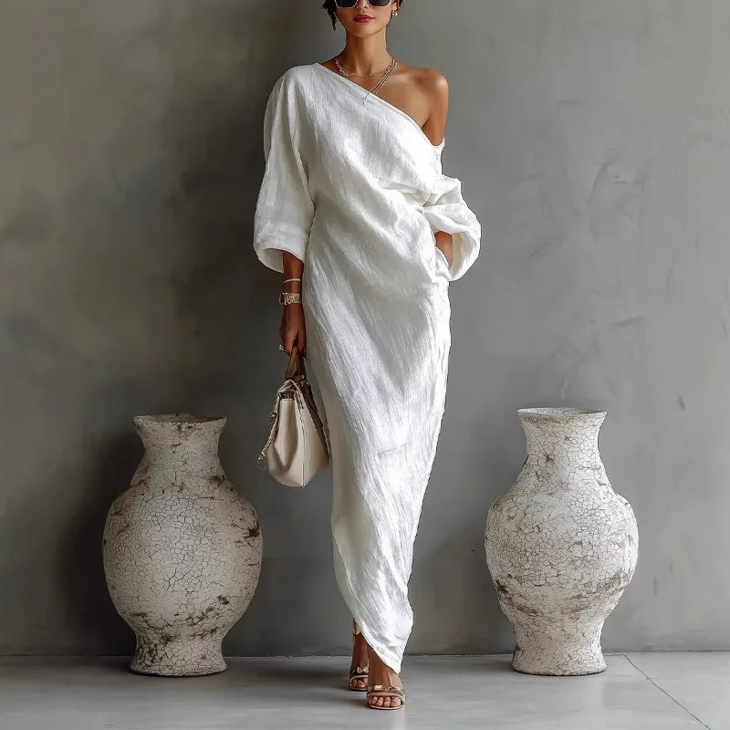 Effortless Linen Maxi Dress for Women with One Shoulder Batwing Sleeve Draped Flowing Style