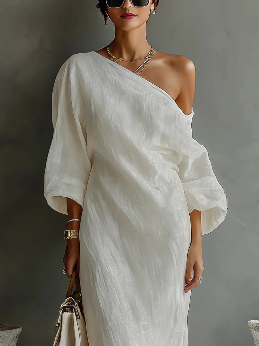 Effortless Linen Maxi Dress for Women with One Shoulder Batwing Sleeve Draped Flowing Style