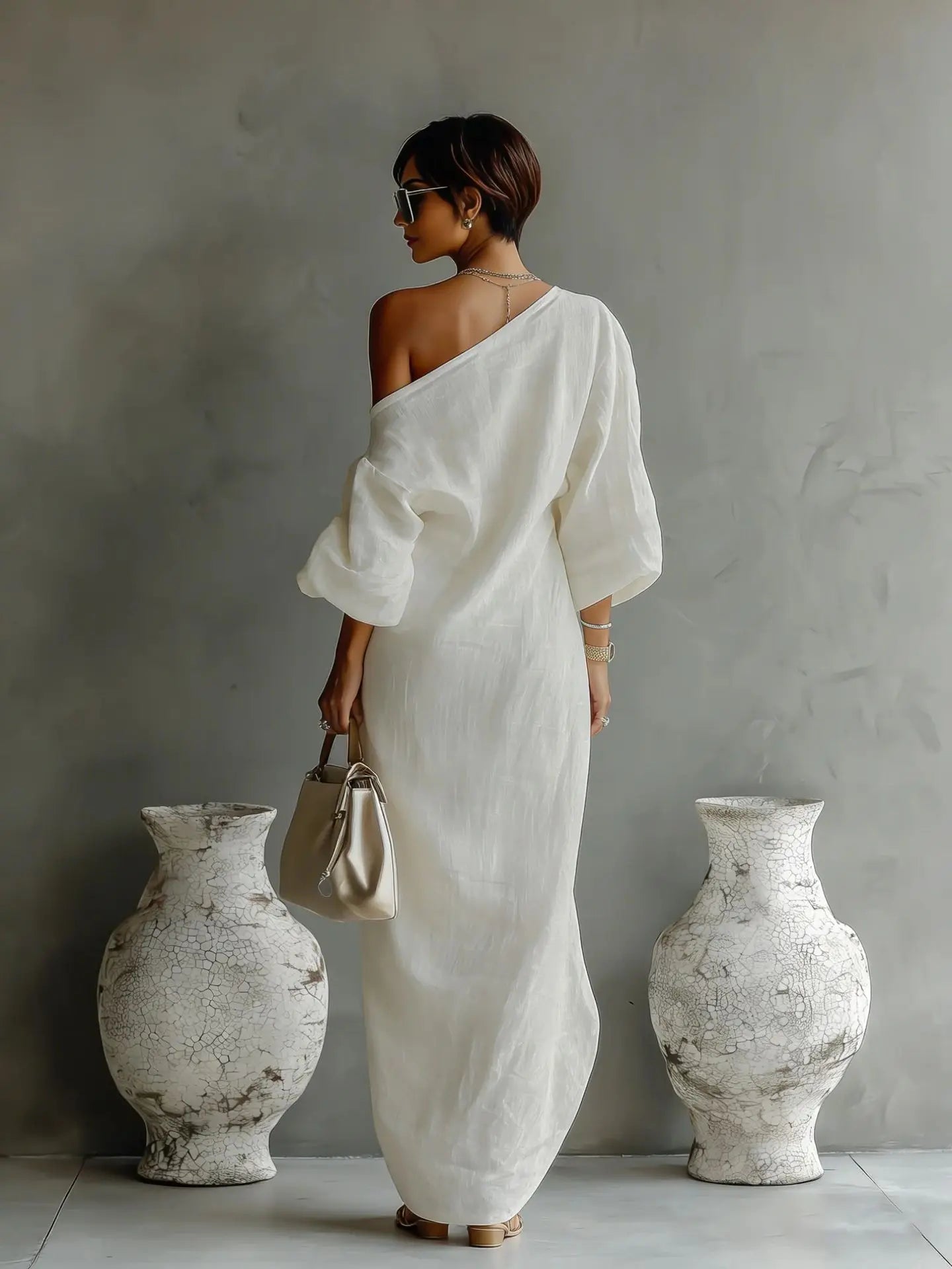 Effortless Linen Maxi Dress for Women with One Shoulder Batwing Sleeve Draped Flowing Style