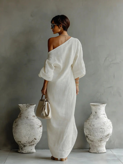 Effortless Linen Maxi Dress for Women with One Shoulder Batwing Sleeve Draped Flowing Style