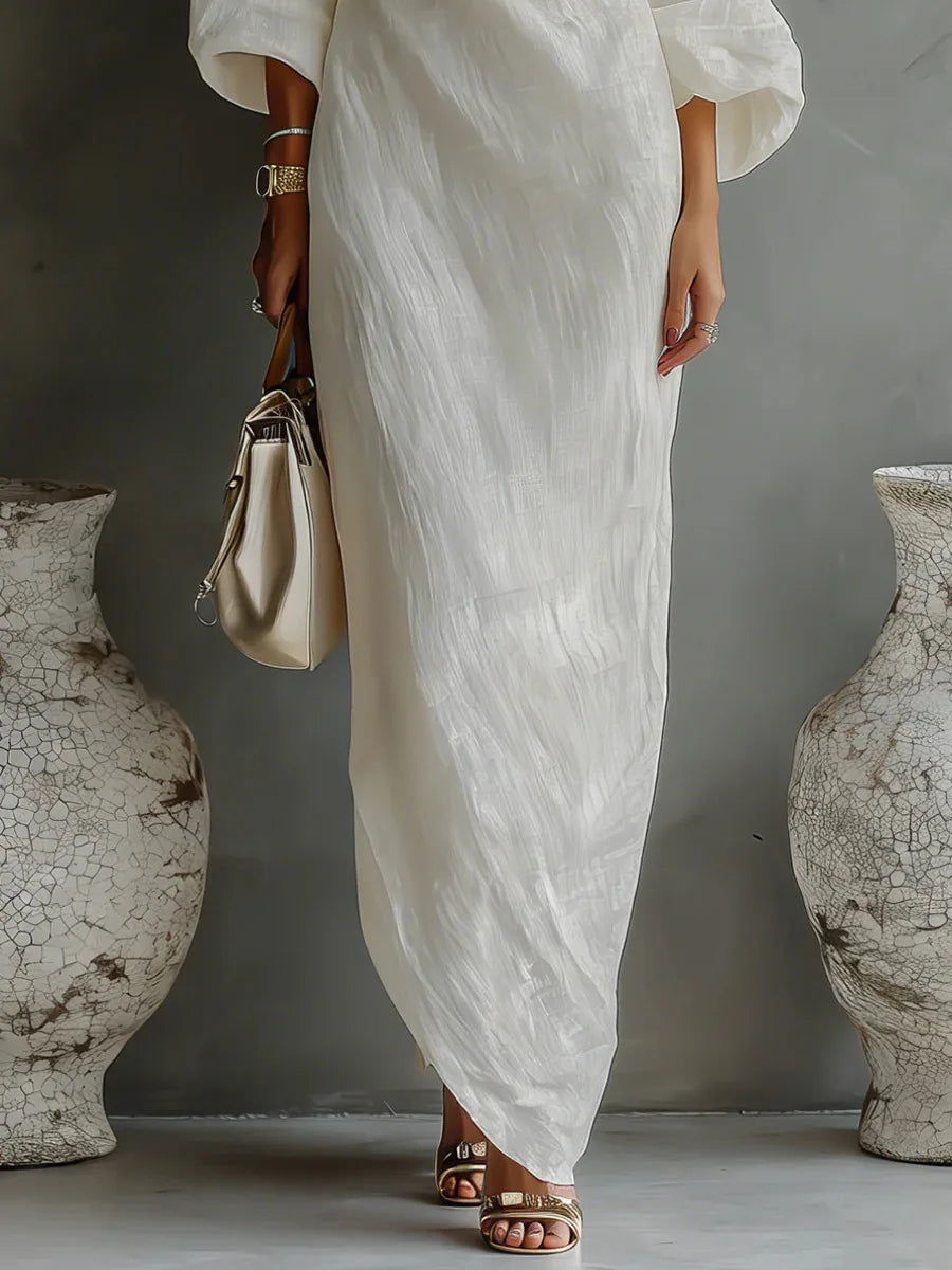 Effortless Linen Maxi Dress for Women with One Shoulder Batwing Sleeve Draped Flowing Style