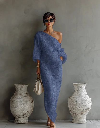 Effortless Linen Maxi Dress for Women with One Shoulder Batwing Sleeve Draped Flowing Style