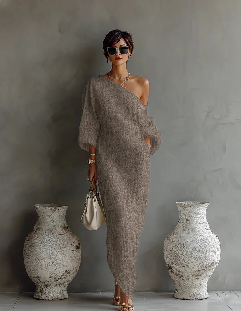 Effortless Linen Maxi Dress for Women with One Shoulder Batwing Sleeve Draped Flowing Style