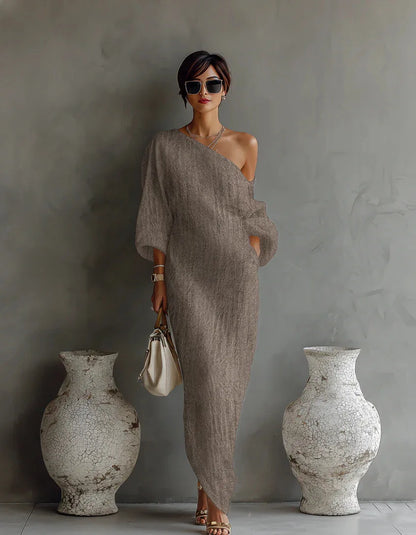 Effortless Linen Maxi Dress for Women with One Shoulder Batwing Sleeve Draped Flowing Style