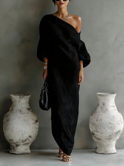 Effortless Linen Maxi Dress for Women with One Shoulder Batwing Sleeve Draped Flowing Style