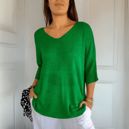 Comfortable Knit Tunic Top for Women with V Neck Elbow Sleeve Relaxed Oversized Style