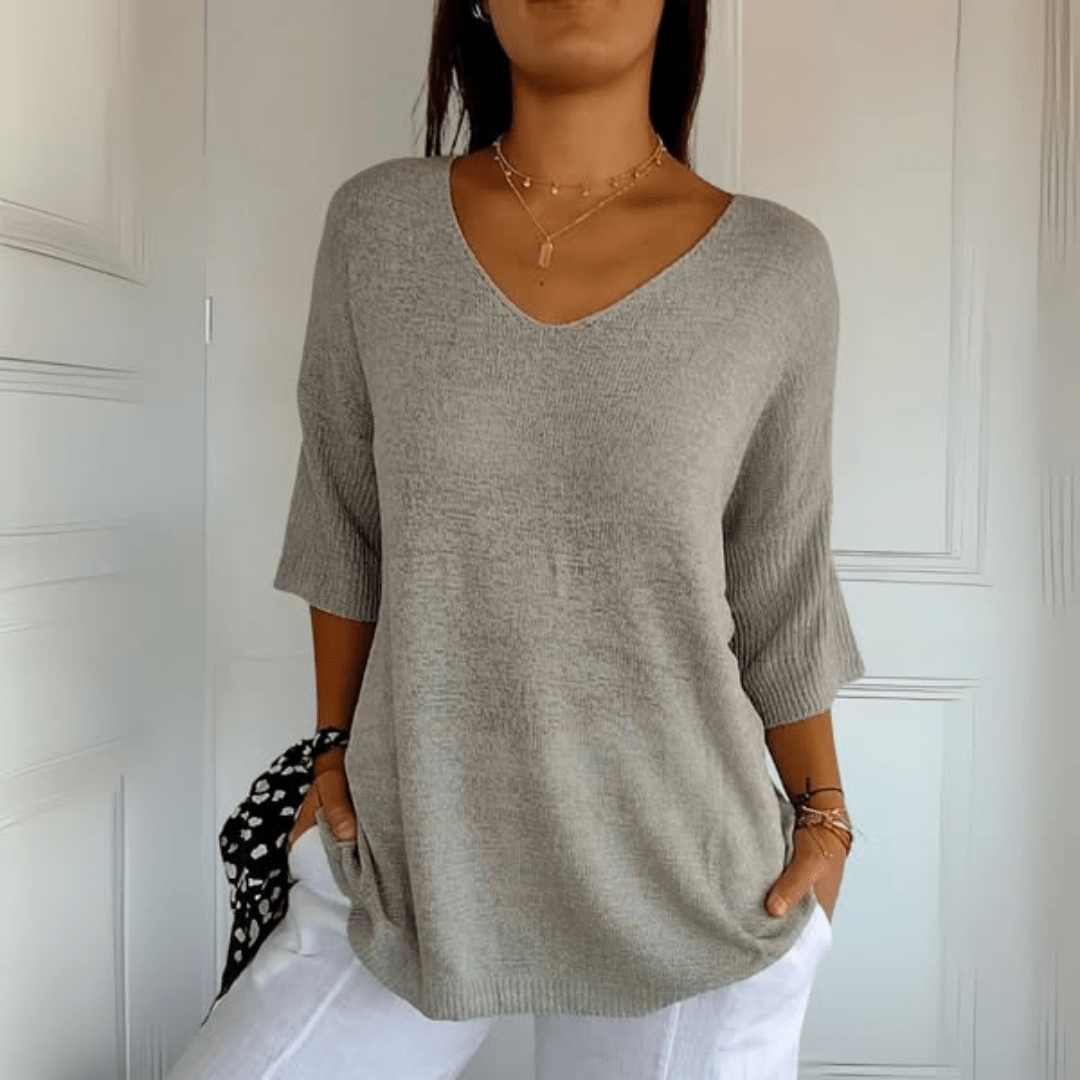 Comfortable Knit Tunic Top for Women with V Neck Elbow Sleeve Relaxed Oversized Style